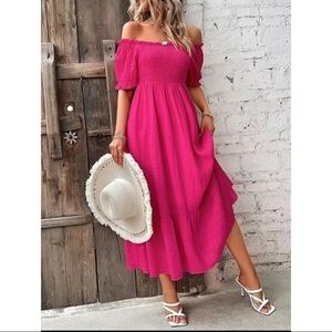 Chic Fuchsia Off-Shoulder Midi Dress